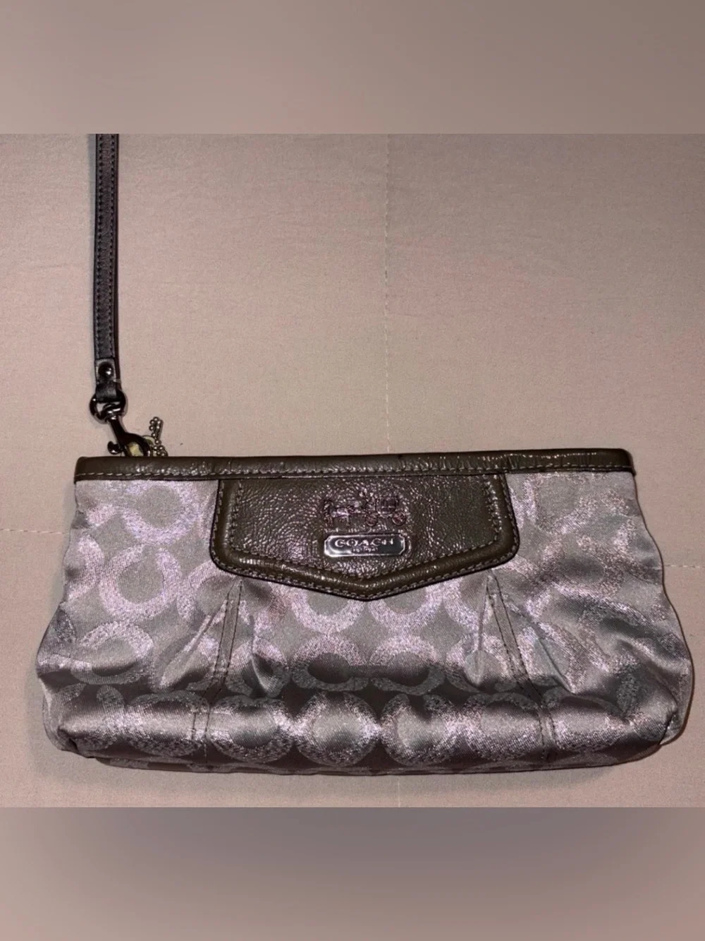 Coach Metallic Pewter Signature Wristlet with Dark Trim
